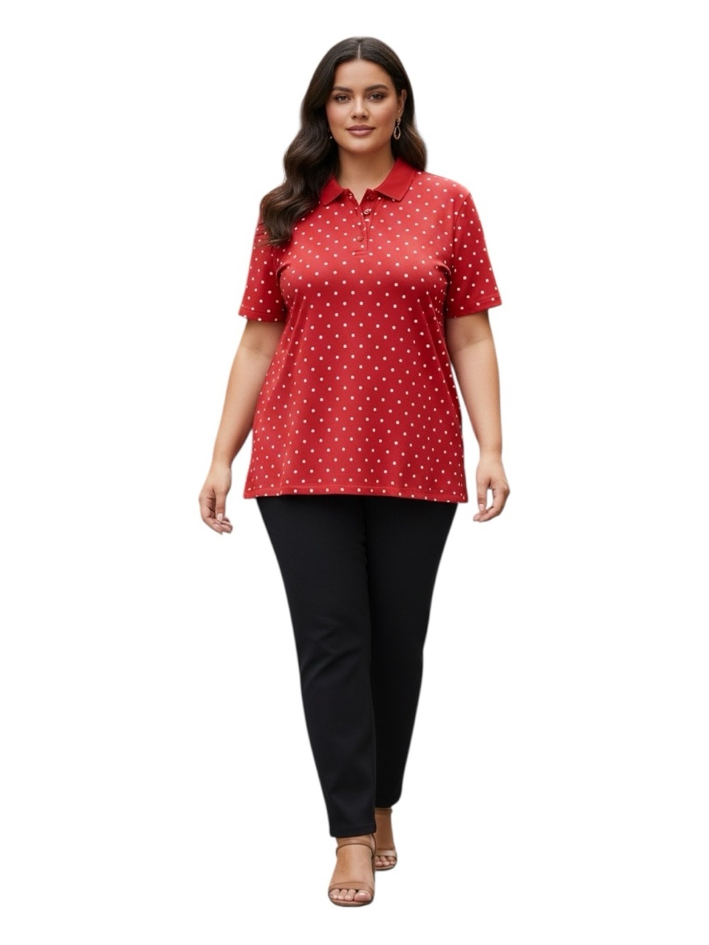 Kim Rogers Plus Size XL Red Polka Dot Polo Top 100% Cotton.